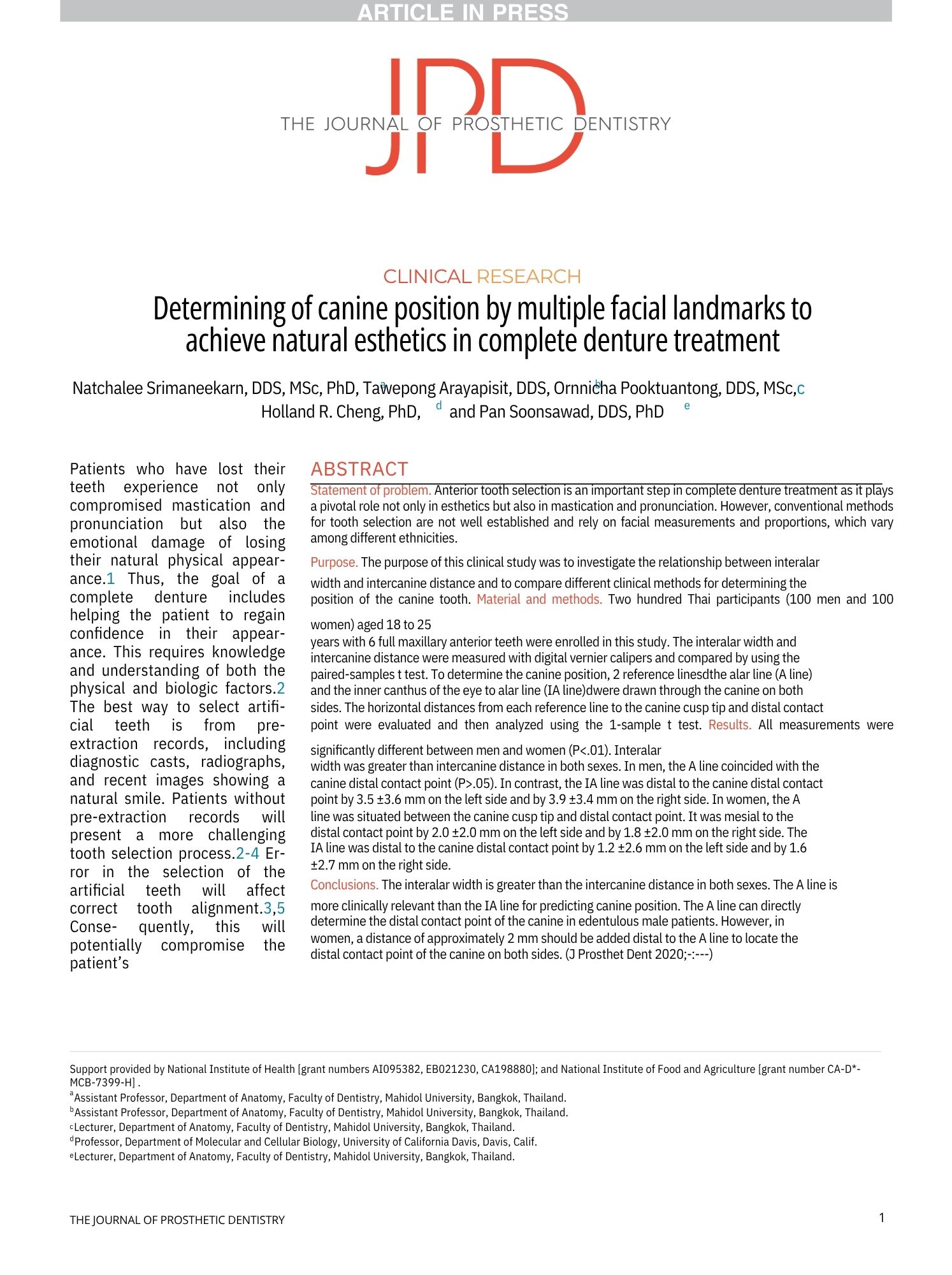 Determining of canine position by multiple facial landmarks to achieve natural esthetics in complete denture treatment